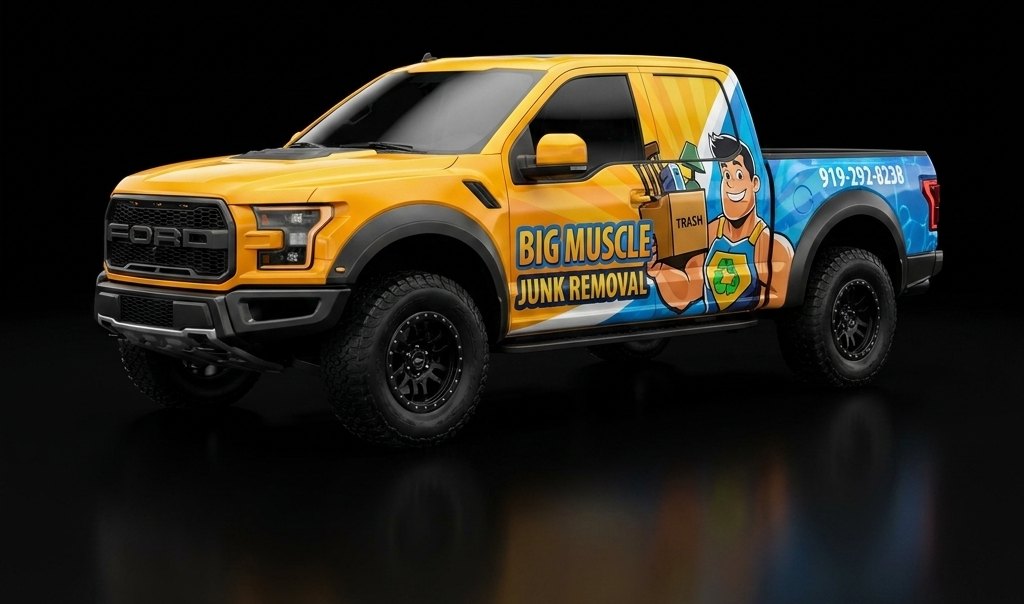 Wrapped Big Muscle Junk Removal pickup truck — Wrap It Up Raleigh fleet wrap example